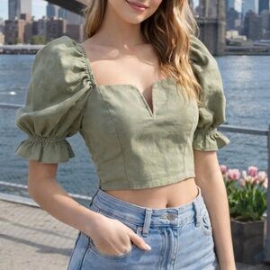 🌿 Blashe Sage Green Puff Sleeve Crop Blouse Linen Blend Spring Top Size L